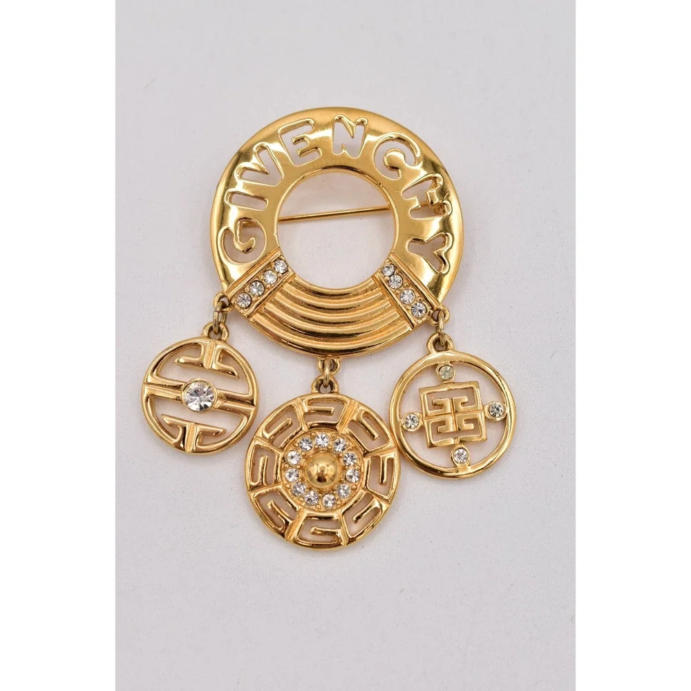 Givenchy Vintage Logo Charm Brooch Gold Pin Dangle Crystal Statement 1980s Bin5B - Picture 2 of 12